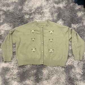 DAZY Light Green Soft Knit Cardigan with Floral Detail- Size M